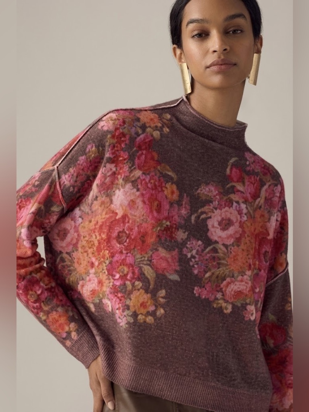 Pilcro Floral Print Brown & Pink Cashmere Crewneck Sweater